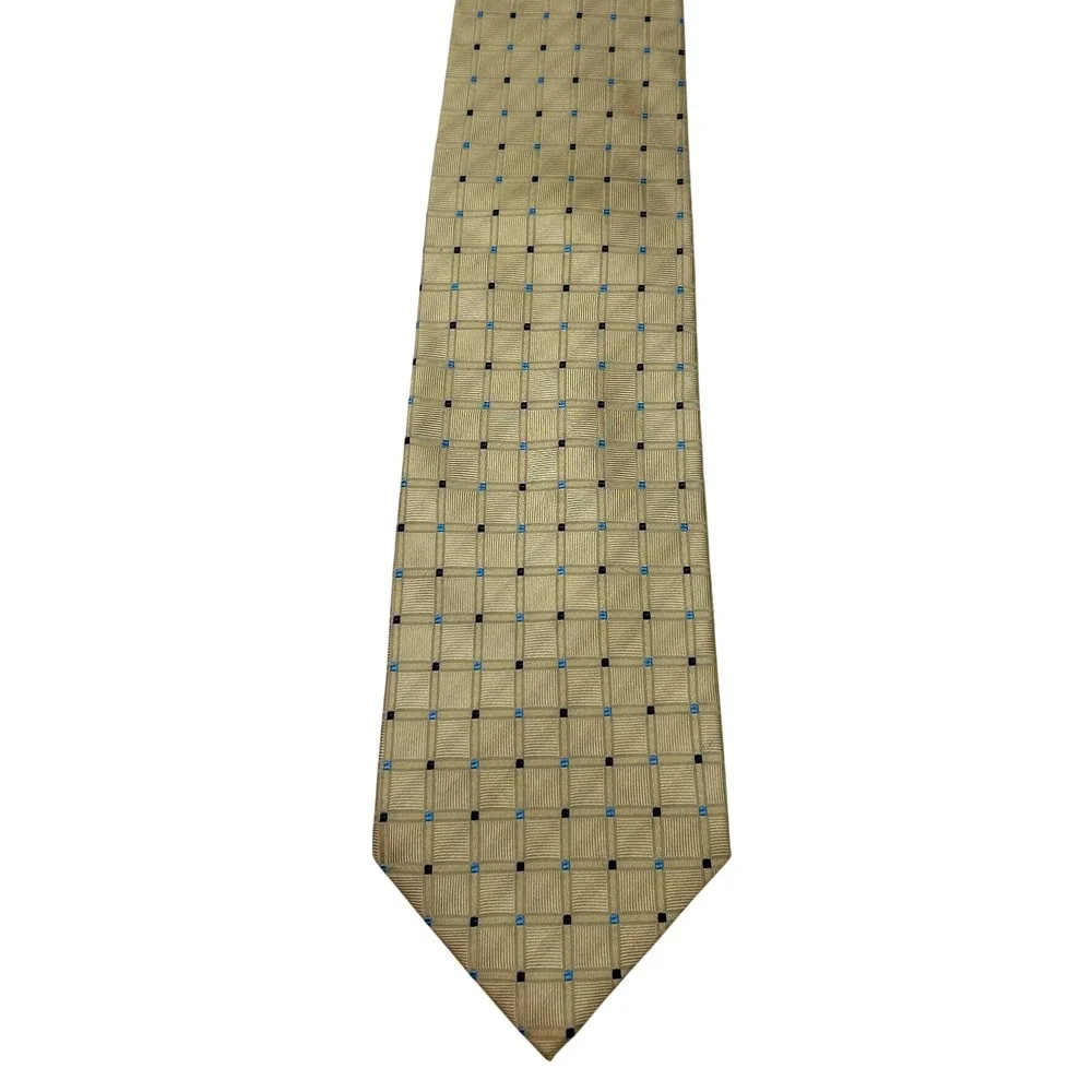 Preswick & Moore Mens Silk Geometric Grid Dobby Necktie OS Gold Navy Blue Formal